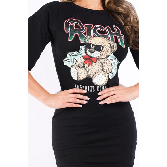 Women's Super Cute Rich Bear Printed T-Shirt Dress Round Neck Sexy Bodycon Dress - Picture 11 of 12